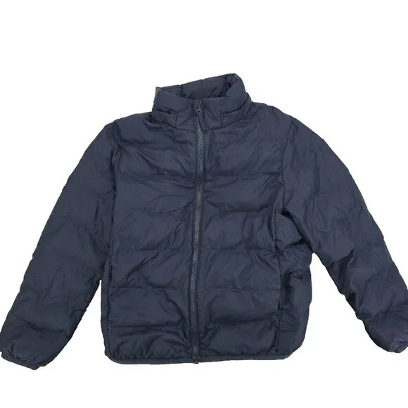 Uniqlo Puffer Jacket Youth Kids Boys 7-8 Navy Blue Lightweight Full Zip Hooded - Picture 2 of 9